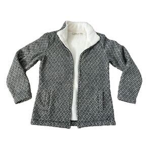 LL Bean Zip Sweater Jacket Womens Small Sherpa Lined Cinch Waist Gray Birds Eye